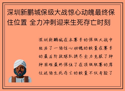 深圳新鹏城保级大战惊心动魄最终保住位置 全力冲刺迎来生死存亡时刻 深圳新鹏城保级大战惊心动魄最终保住位置 全力冲刺迎来生死存亡时刻